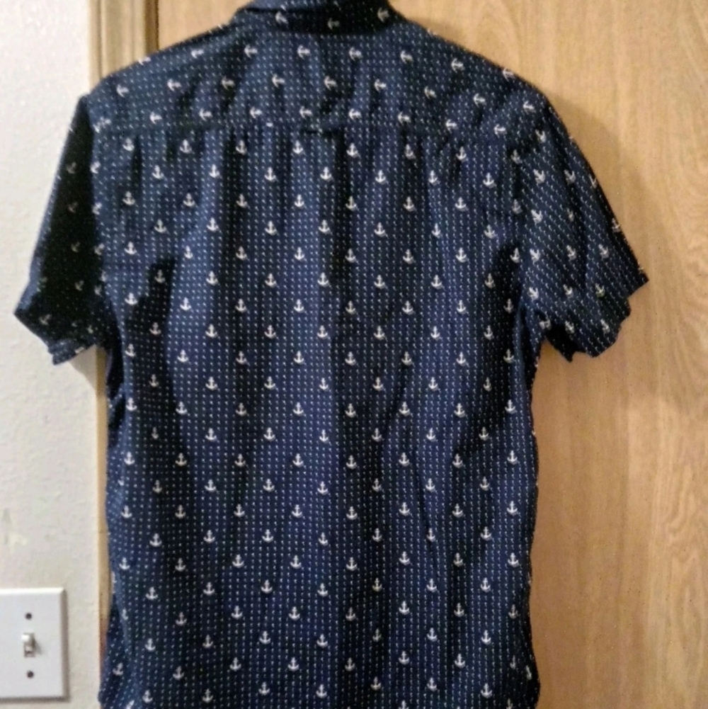 Navy Blue Anchor Print Men's Medium Shirt Button Up Casual - Picture 2 of 4